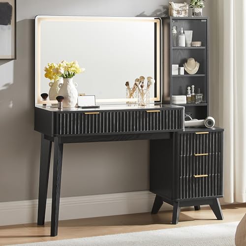 T4TREAM 48" Fluted Makeup Vanity Desk with 36" Lighted Mirror, Black