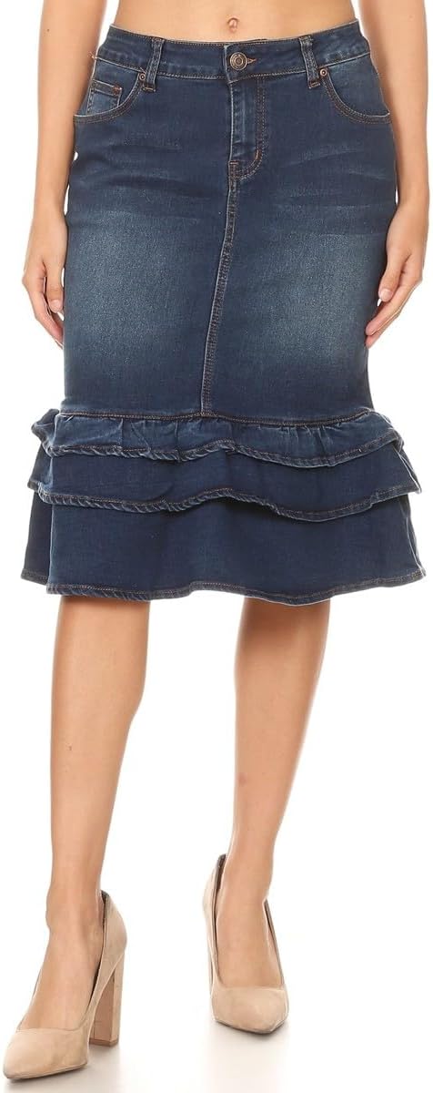 Women's Denim Midi Skirt with Tiered Ruffle Hem, Med Blue, Knee Length(Size Run Big, Please Check Size spec)