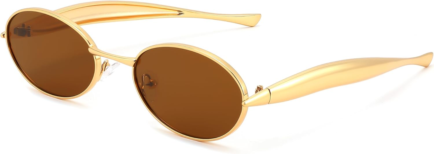 FEISEDY Retro Oval Sunglasses Women Men - Gold Metal Chunky Frame, UV400 for Driving & Daily Wear B0312