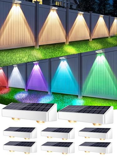 Image of Brizled White Solar Fence Lights Outdoor, 11 Modes & 9 Colors Color Changing Solar Wall Lights, 100 Lumens IP65 Waterproof Outdoor Deck Lighting for Railing Wall Fence Poolside, 8 Pack