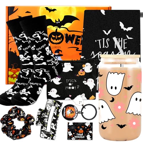 Boo Basket Stuffers for Women, 8 Pcs Halloween Gifts Set Cute Boo Basket with Halloween Cup Socks Towel Bag for Teens Girls Mom Friend Sister Wife