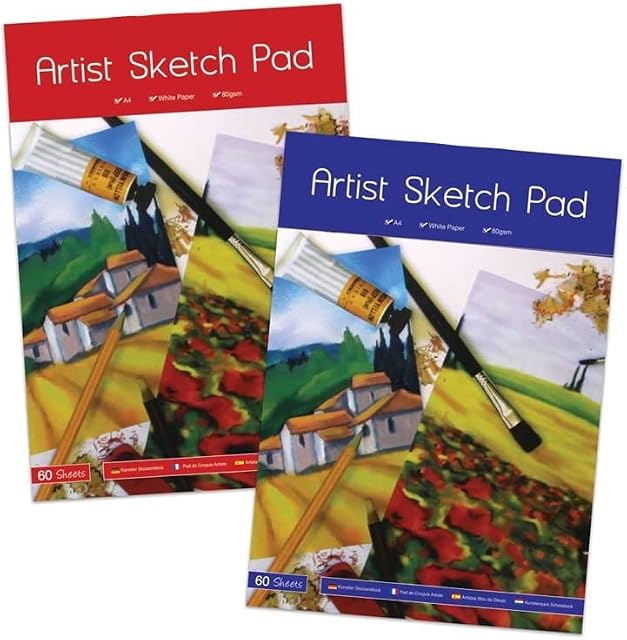 2 Packs of A4 Sketchbook Drawing Paper - Sketch Pad Kids Coloring Book and Art Paper - Easy to Use Doodle Pad with 80 GSM 60 Sheets Each