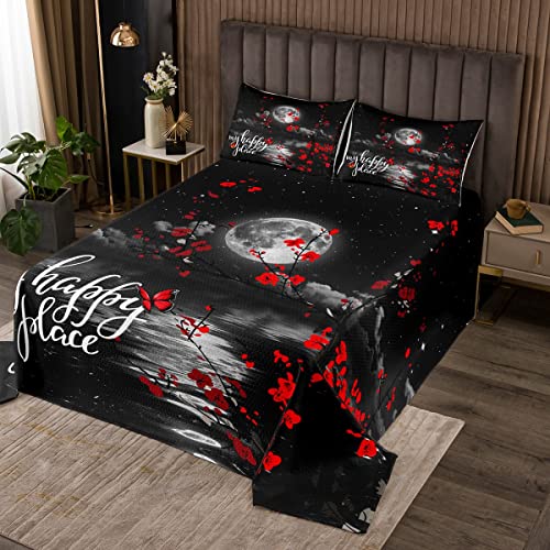 feelingyou Moon Night Juego de edredón de 220 x 260 cm, diseño de flores rojas con mariposa, 3 piezas, para niñas adolescentes, cielo estrellado en la nube y mar, colcha acolchada con 2 fundas de