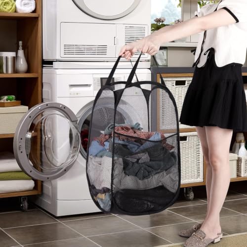 Image of BATTOO Strong Mesh Pop Up Hampers for Laundry, Collapsible Laundry Baskets with Side Pocket Carry Handles for Laundry Room, Bathroom, Kids Room, College Dorm or Travel Black
