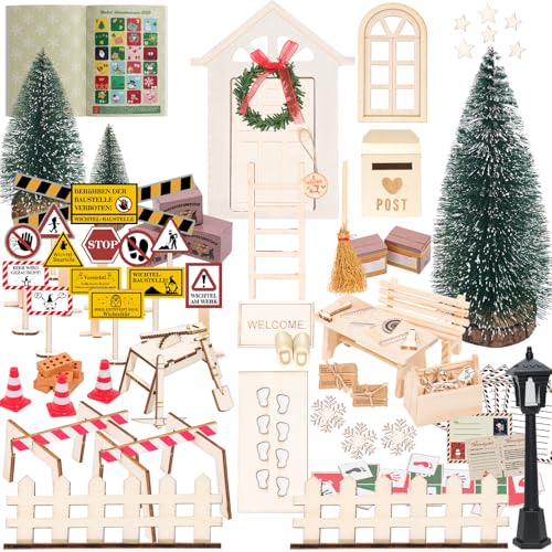 RTUOHUIN Wichteltür Set mit Buch, Miniatur Wichtel Zubehör Sammlung für Weihnachten inkl. Wichtelbriefe, Baustelle, DIY-Spiel, Kinderzimmer Deko