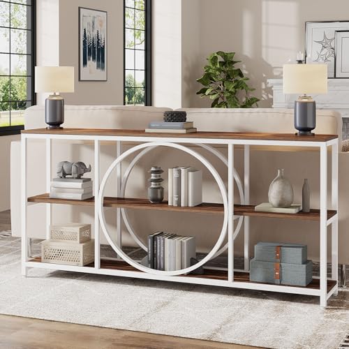 Tribesigns 70.9 inch Sofa Console Table, Extra Long Narrow Entryway Tables with 3 Tier Wood Storage Shelves Industrial Metal Frame for Foyer Hallway Living Room Behind Couch, White Walnut