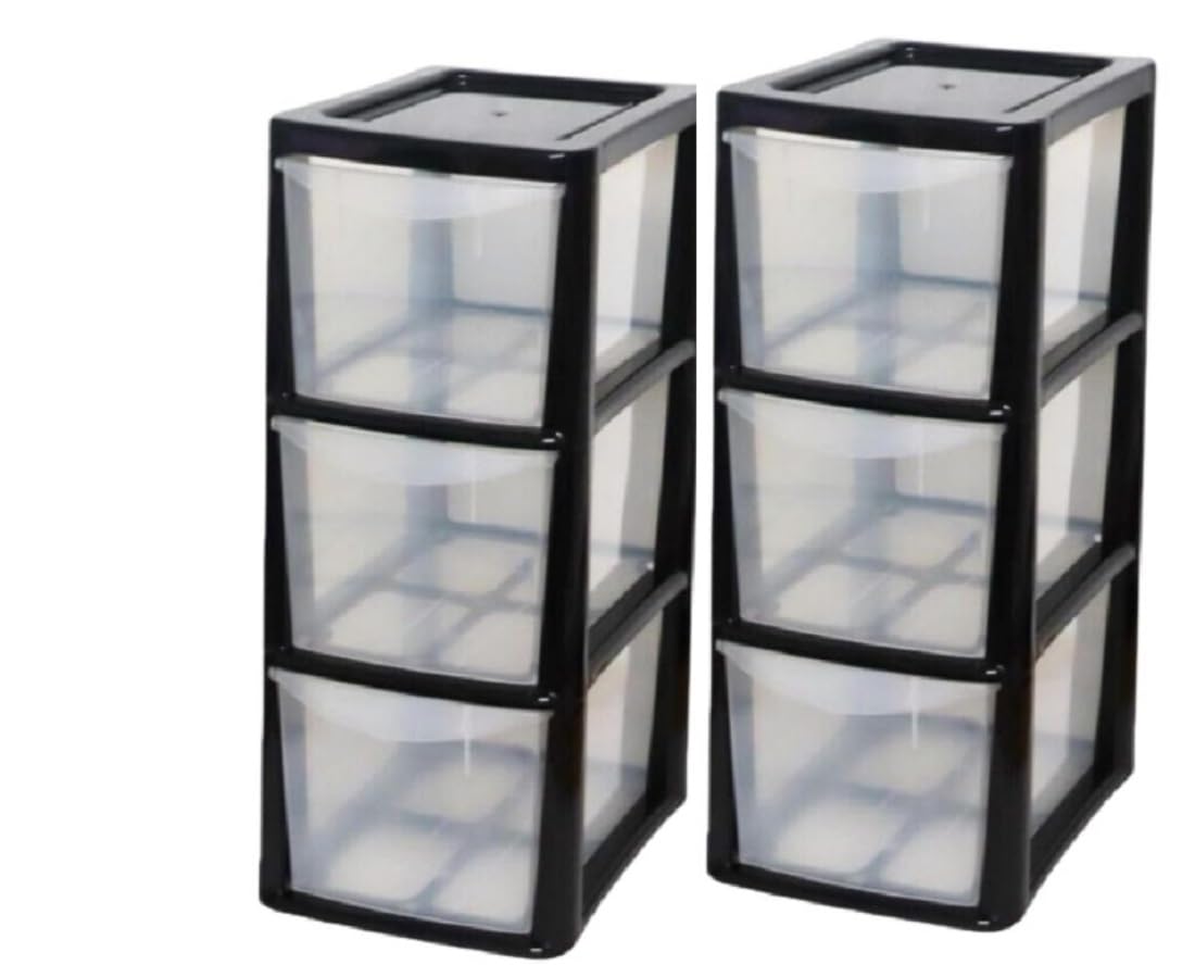 Khanary Black 2X A5 Plastic Storage Drawer- 3 Tier Medium Drawer Plastic Tower Storage Unit School Bedroom Living Room Home Kitchen Store Office Tabletop Desk- 25Dx48hx19w Cm