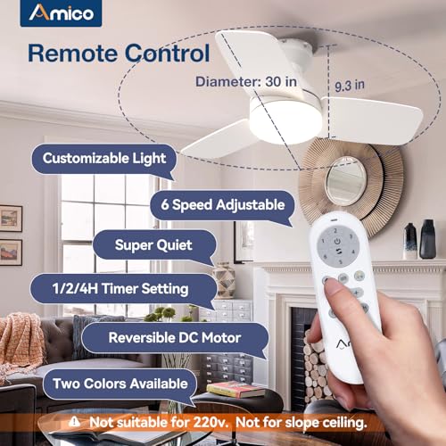 Image of Amico Ceiling Fans with Lights, 30 inch Low Profile Ceiling fan with Light and Remote Control, Flush Mount, Reversible, 3CCT, Dimmable, Noiseless, White Ceiling Fan for Bedroom, Indoor /Outdoor Use