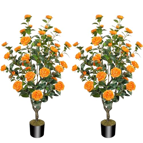 2 Pack 43.3'/3.6FT Artificial Tree with Camellia Flowers Fake Tree with 32 Blooming Flowers Orange...