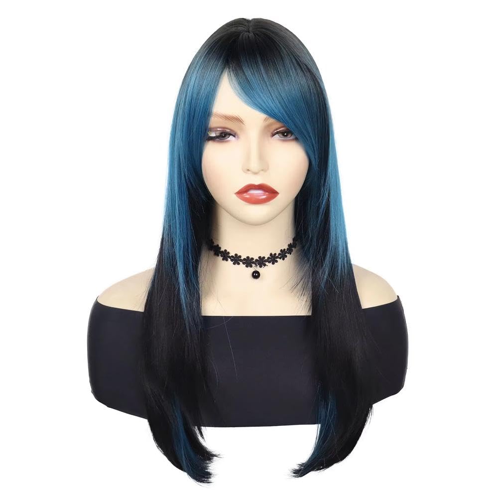 Haarpflege Blau Gemischte Schwarze Lange Gerade Perücke Für Frauen Cosplay Party Perücken(Blue Mixed Black)