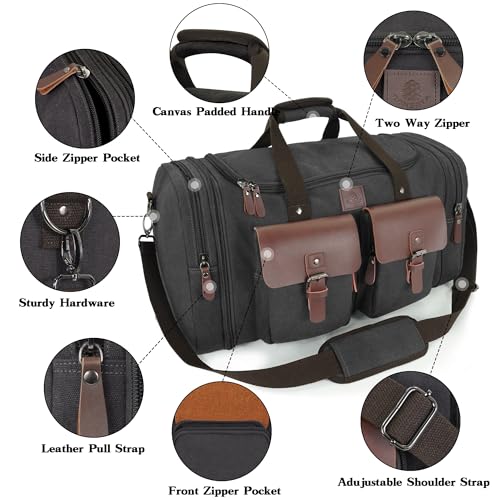 Canvas Duffle Bag for Men 50L Travel Duffel Bags Expandable Genuine Leather Overnight Weekender Carry On Bag Two Zipper Pockets Travel Bag (Black, Large-50L)3