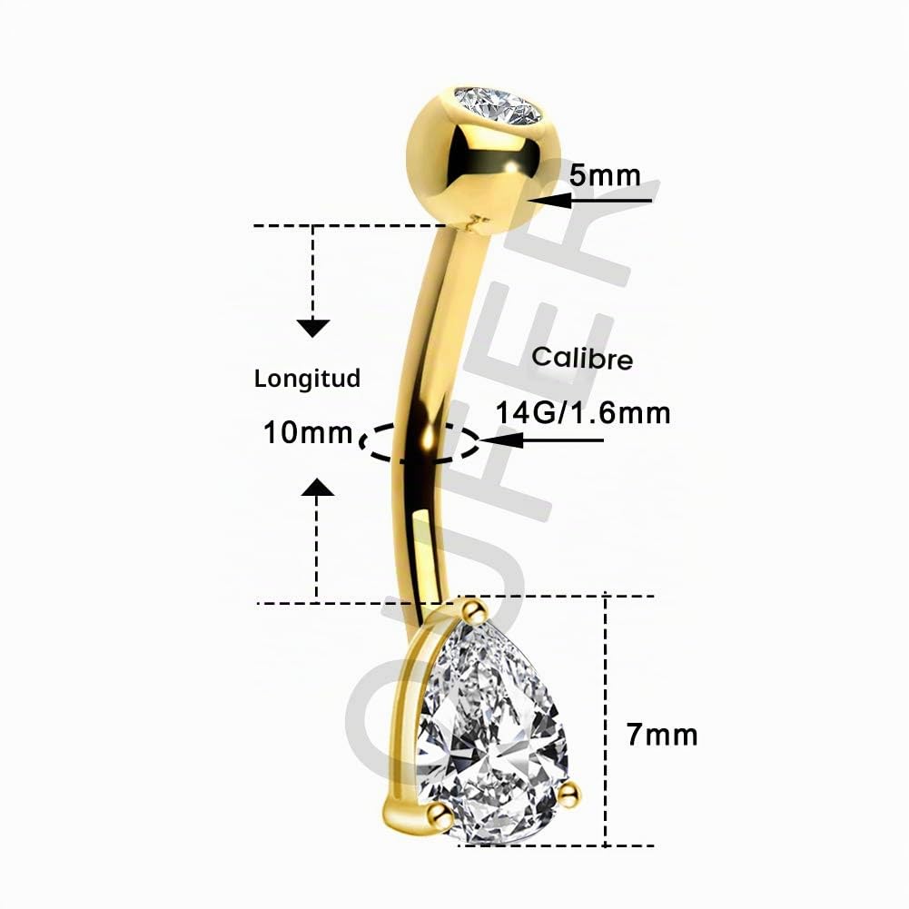OUFER Anillo de ombligo de oro macizo de 14K con forma de lágrima transparente CZ Clear Teardrop CZ Navel Anillos Belly Bars Bauchnabel piercing en nabel, 10 mm, metal