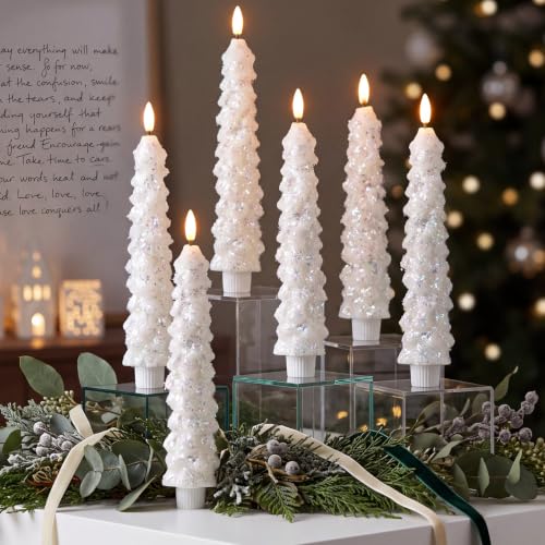 Image of Funtery 12 Pcs Flameless Christmas Tree LED Candles, Colorful, Snowfall | 9.7 Inch LED Taper Christmas Candles Battery Operated,Flameless Flickering, for Xams Holiday Party Room House Home Decor