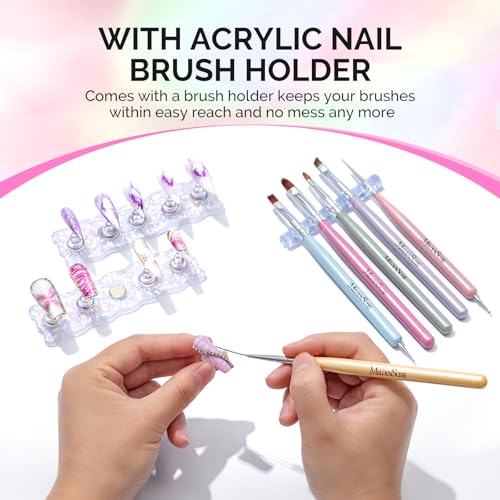 Image of MelodySusie Nail Stand for Press Ons, White Shiny Acrylic Magnetic Base for Painting Display with Brush Holder and 100 Pcs Reusable Double-Sided Tape for Home DIY Salon Supplies