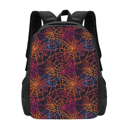 Colorful Neon Spider Web Halloween Backbags Large Adjustable Backpack Lightweight Daypack for Men Women 16.5 Inches