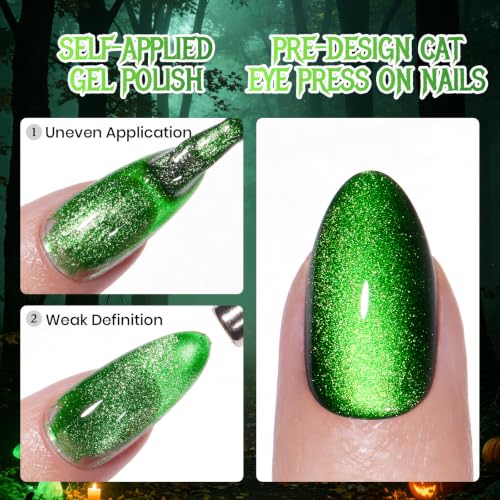Image of Beetles Halloween Press On Nails, Green Cat Eye Short Almond, 32 Pieces
