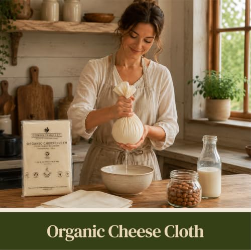 Image of Country Trading Co. Organic Cheesecloth, Grade 120 Extra-Fine Weave, 2 Hemmed Squares, GOTS Certified Unbleached Cotton, Reusable Straining Cloth for Cheese, Nut Milk, Yogurt & Kombucha
