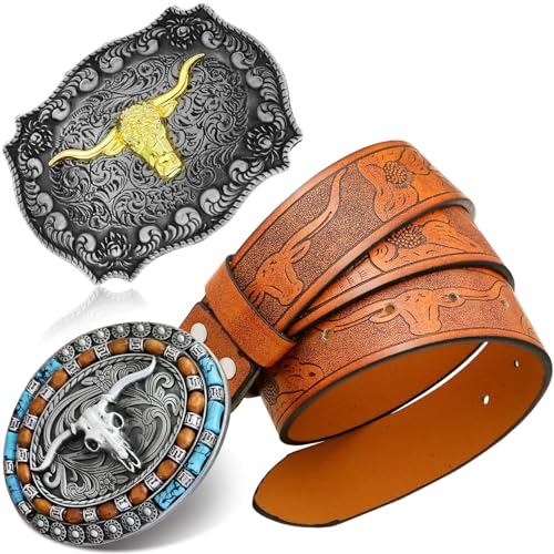 2Pcs Mens Cowboy Leather Bucket Belt and Replaceable Belt Buckles Western Longhorn Bull Belt Floral Strap