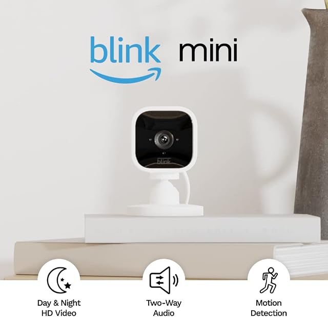 Blink Mini Compact indoor plug-in smart security camera, 1080p HD video, night vision, motion detection, two-way audio, easy set up, Works with Alexa 1 camera (White)