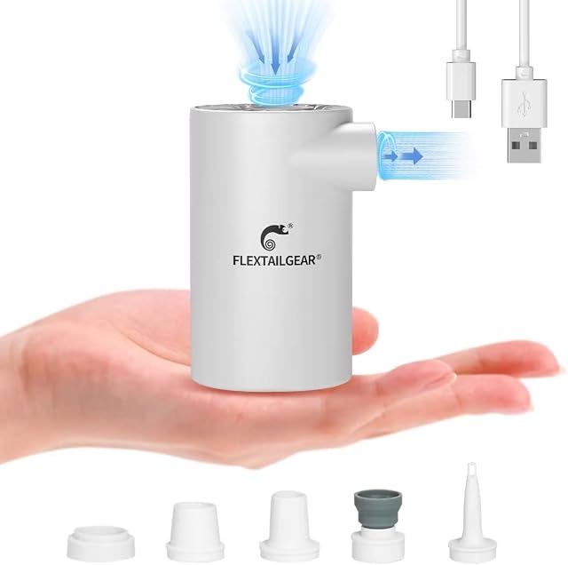 FLEXTAILGEAR EVO Electric Air Pump with 3800mAh Rechargeable Battery Powered Portable Mini Air Mattress Pump 4.5 KPa High Pressure for Boat, Pool Inflatables, Bed Mattress, Inflator, Camping
