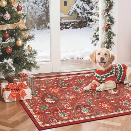 Madane Christmas Area Rug 2x3, Red Entryway Xmas Carpet Holiday Decor
