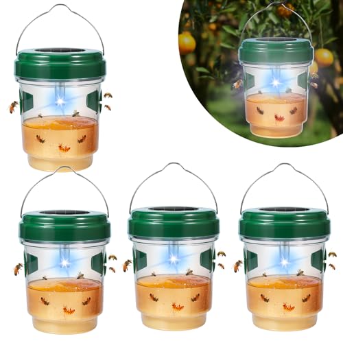 Upgraded Solar Wasp Traps Outdoor Hanging Yellowjacket Trap Hornet Wasp Catcher with UV LED Light Reusable Bee Traps for Outside, Garden, Backyard, and Orchard,4 Pack