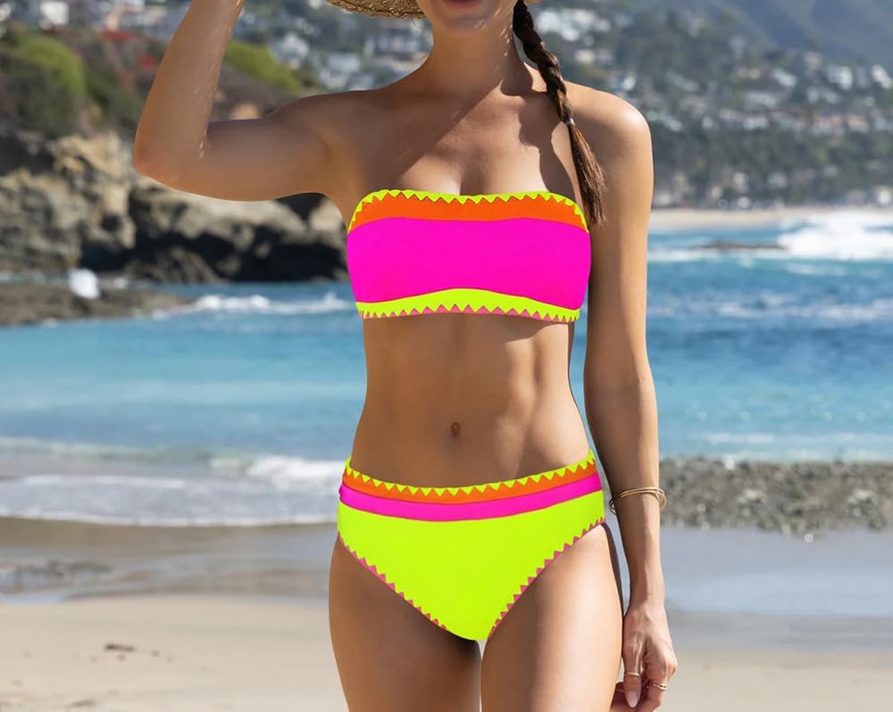 Sexybody Women's Bandeau Bikini Strapless Bikini Neon Color Block Two Piece Whip Stitch Trim Bathing Suits - Image 3