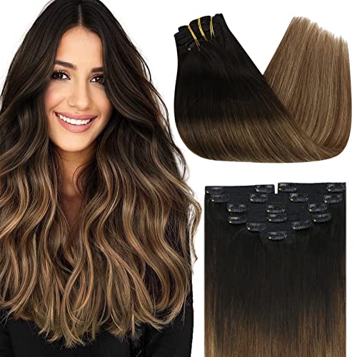 VeSunny Clip in Hair Extensions Balayage 22inch Full Head Human Hair Extensions Clip in Ombre Natural Black to Dark Brown with Caramel Blonde 7pcs 100g