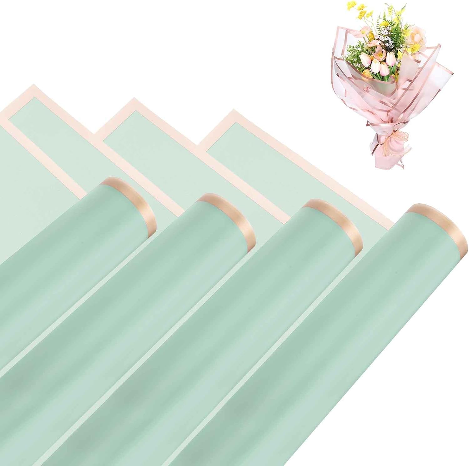MECCANIXITY Flower Bouquet Wrapping Paper, 56cm/22 Inch Waterproof Floral Wrapping Paper for Flower Bouquet DIY Gift, Wedding, Birthdays, Valentine's Day, Pack of 20(Light Green)