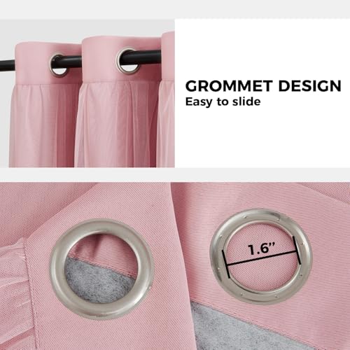 Image of 100% Blackout Curtains for Bedroom, Double Layer Pink Curtains, Black Out Curtain 84 inch Long with Sheer Overlay for Living Room, Room Darkening Window Drapes with Grommet, 52 inch W x 84 inch L