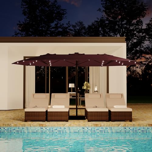 15FT Rectangular Patio Umbrella with Solar Lights & Base Included - Large Patio Umbrella with Crank Handle, UV Protection for Outdoor Market, Backyard, Pool - Burgundy