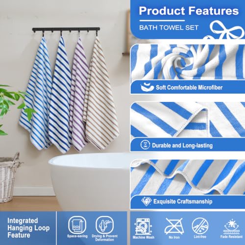 Image of JML Microfiber Beach Towels, Bath Towel (2 Pack, 30 inch x 60 inch) Cabana Stripe Absorbent and Quick Dry Beach Towel Set for Adults, Travel, Summer, Sport, Swimming, Pool, Yoga, Camping, Blue