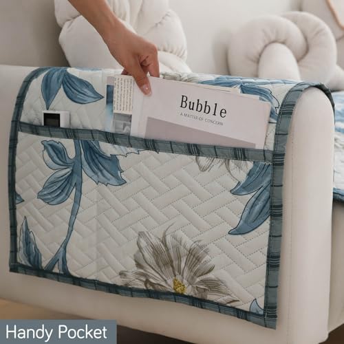 Image of HOKIPO 'HomeHues Series' Printed Quilted Sofa Seat Mat for 1 Seater Sofa with 2 Armrest Covers with Pockets, Celadon Blue Camellia (IN-806-D8 + IN-814-D8*2)