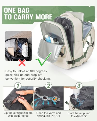 Image of Vacuum Backpack Travel with Pump for Women,Flight Approved 18x14x8 inches,Travel Backpack with Vacuum System,15.6 Inches Laptop Bag,Rice White with Green