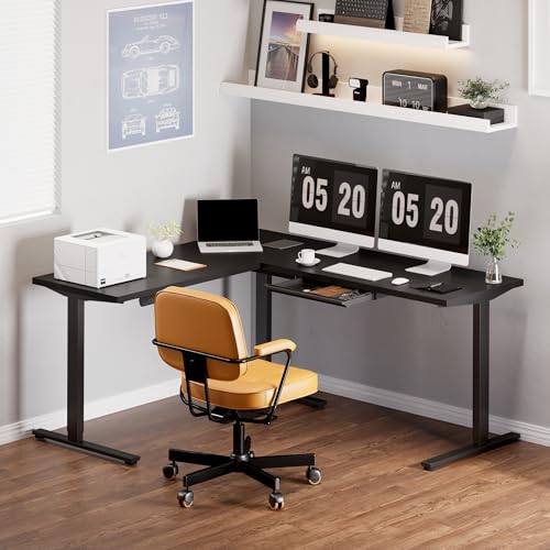 Image of FLEXISPOT L Shaped Standing Desk, 71 x 63 Inch Electric Height Adjustable Corner Desk, Sit Stand Computer Workstation, Preset Controller, Home Office, Black Frame with Black Top, Black Drawer