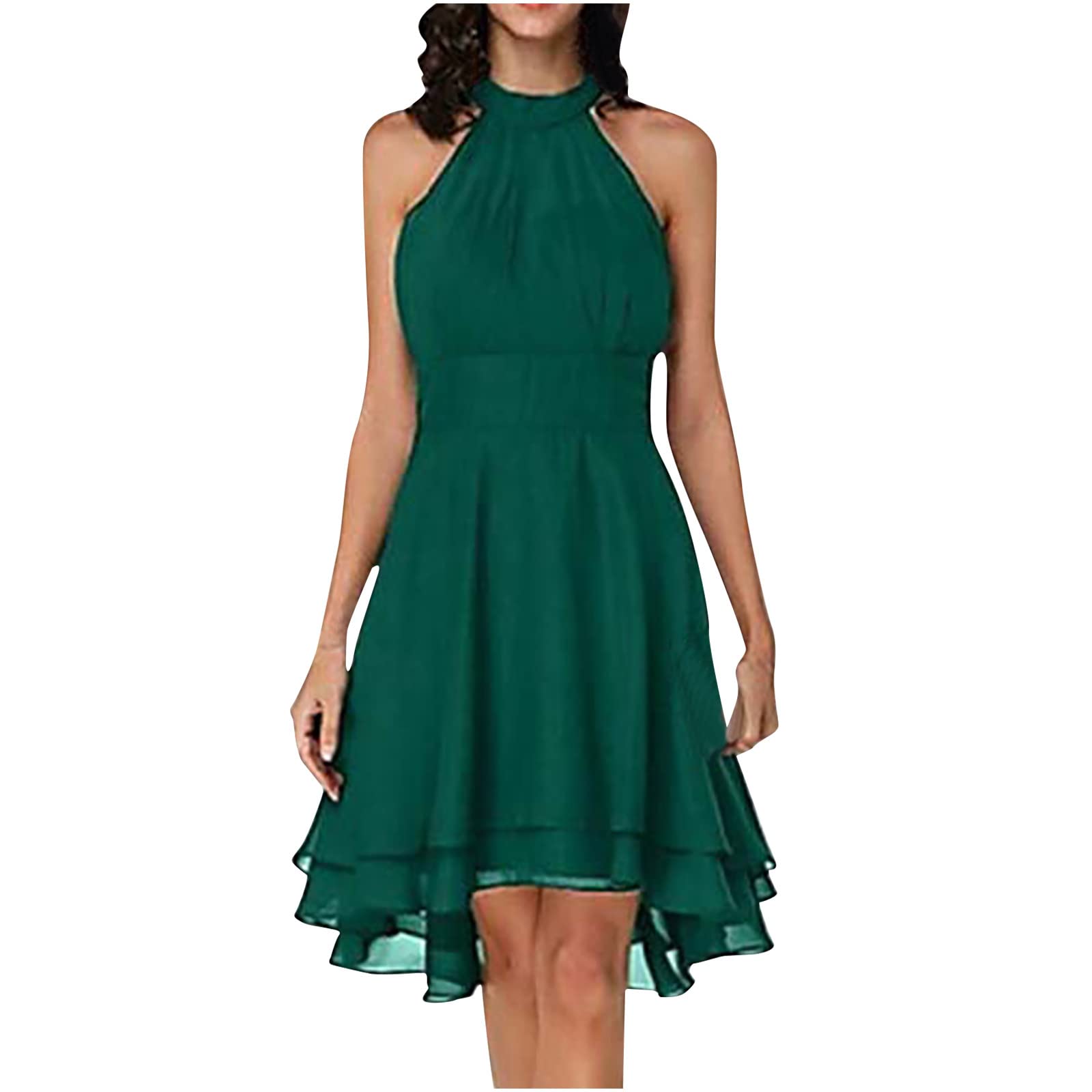 AMhomely Summer Dresses for Women UK Clearance Elegant Round Neck Sleeveless Sexy Halter Neck Smocked Slit Dress for Special Occasions Ladies Maxi Dresses Plus Size Petite Sexy Dress UK Size