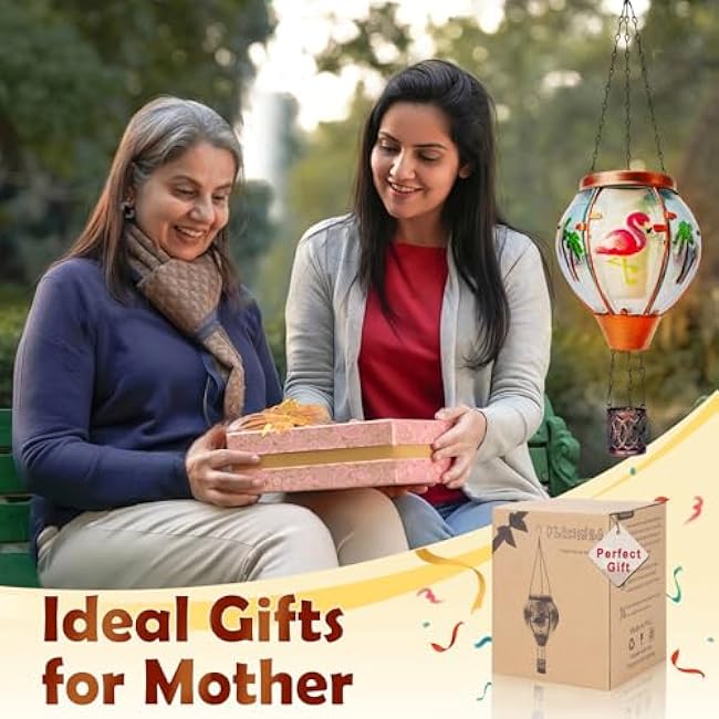 Flamingo Solar Hot Air Balloon Lantern, Outdoor Decor with Flame Lights Waterproof, Hanging Lights for Garden Yard Lawn Patio, Unique Gifts for Women Mom Grandma Gardener for Mother'Day