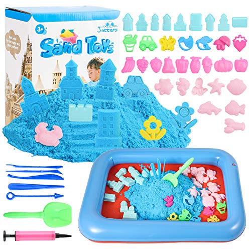 3 otters Play Sand and Sand Molds Kit, 4 Lbs Magic Sand Play Sand Beach Mold Kit Play Sand Set with 45 Pcs Sand Molds and 1 Sand Tray