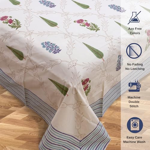 Image of TOAI Hand Block Printed Bedsheet | Bed Spread Flatsheet Bed Sheet | Pure Cotton | Queen Size 90 inchx108 inch | 300 TC Long Staple Cotton | 2 Reversible Pillow Covers |Adil Jaal (Beige Multicolor)