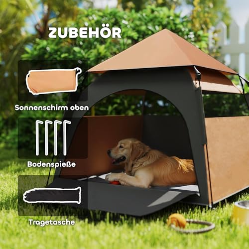 PawHut Haustierzelt, Outdoor Hundezelt, Katzenzelt mit Meshfenster, Tragetasche, Sonnendach, Tragbar Hundehütte für extra große und große Hunde, für Drinnen und Draußen, 120x120x106cm, Dunkelbraun