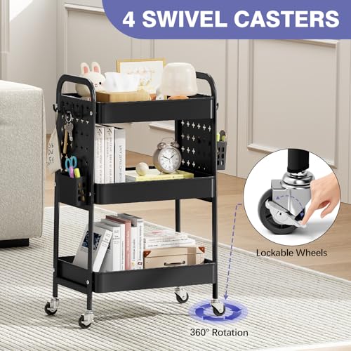 Image of KINGRACK 3 Tier Rolling Cart with DIY Pegboard, Metal Utility Cart with Wheels, Hooks & Baskets, Sturdy Storage Organizer for Craft, Bathroom, Kitchen, Office, Nursery, Classroom