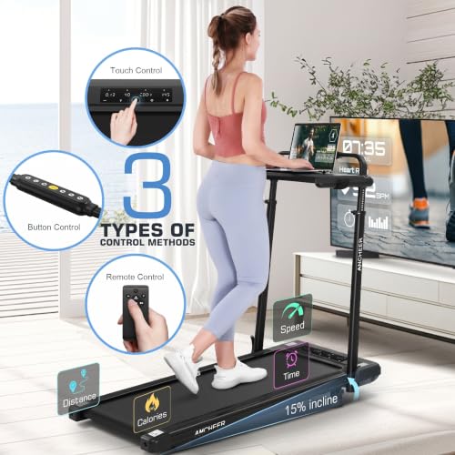 Image of Height-Adjustable Desk Treadmill with 15% Incline for Home Office Workout | 8 in 1 Folding Treadmill 450lbs Weight Capacity, 3.5HP Quiet Portable Treadmill with Desk, 3 Type Control, Ready to Use