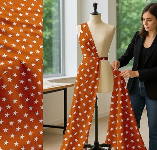 Image of Soimoi Orange Cotton Cambric Fabric Stars Star Print Sewing Fabric Meter 58 Inch Wide