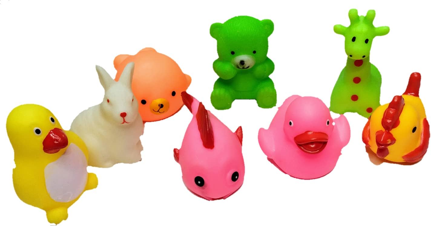 Cabin Hut Squeezy Bath Toy of 8 Pcs Colorful Animal Shape | BPA Free Non-Toxic Random Figure Chu Chu Bath Toys for New Born | Bath time Fun chu chu Sound Toys for Extra Play (Multicolor)