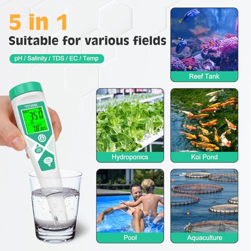 Image of YINMIK Pool pH Salt Tester, Digital Salinity Meter for Saltwater Pool, Simultaneous Display Salt pH TDS for Koi Pond, Reef Tank, Aquarium, Hydroponic PPM pH EC Reader, Hydrometer with S.G. Card
