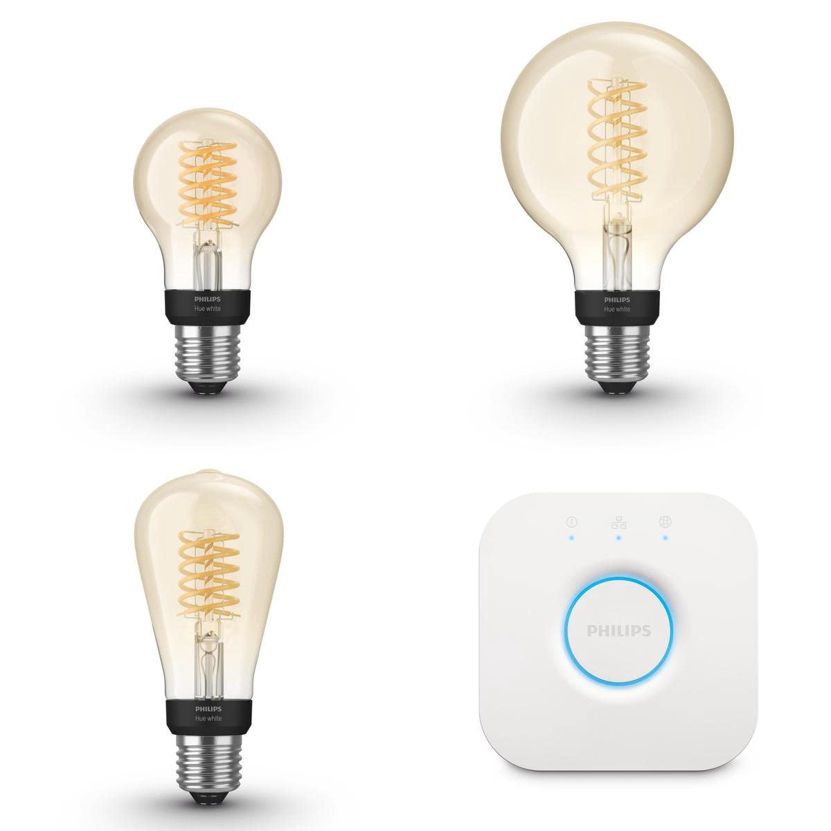 Philips Hue Starter Pack - E27-3 Bombillas Filamento Mix - Luz blanca cálida - incl. Hue Bridge - Hue White Filament