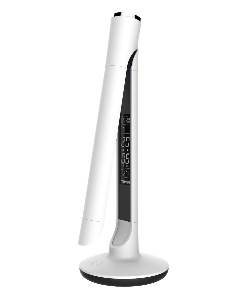 LED Desk Lamp, TIWIN Eye-Caring Table Lamps,Dimmable Office Lamp with USB Charging Port,Alarm Clock,Calendar, Time and Temperature Display,Smart Touch Sensor for Office & Reading,7W, White