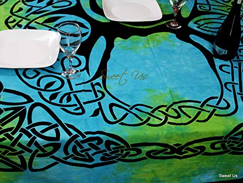 Sweet Us Celtic Print Tablecloth For Square Tables 72X72 Blue Green Turquoise Tree Of Life Cotton Fabric Kitchen, Dining Linen #TOP6