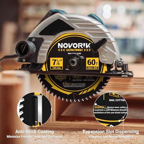 NOVORIK Circular Saw Blade, 7-1/4\'\', 60T, Unique Teflon Anti-Stick Coating, TCT Carbide Saw Blade for Circular Saws, ATB Framing Saw Blade for Woodcutting