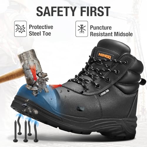 NINGO Steel Toe Work Boots for Men, Non Slip & Puncture Resistant Construction Boots with Breathable Lining, EH Protection, Comfortable Mens Safety Leather Work Shoes for Industrial, Walking Warehouse2